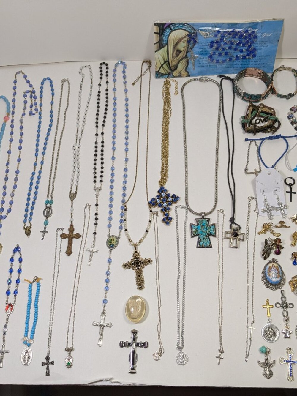 Religious Lot 77 Rosaries Necklaces Pendants Bracelets Earrings Pins Variety